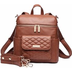 a brown leather backpack with a chain on the bottom and shoulder strap, attached to it