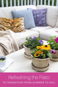 three potted plants sitting on top of a white table next to a couch and pillows