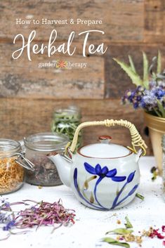 herbs and teas on a table with the title how to harvest & prepare herbed tea