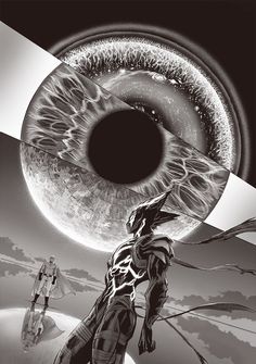 an artist's rendering of a man standing in front of a giant eye