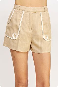 Details Taupe linen short with braid embroidery Front zipper closure Hook and eye closure Pockets Wash and care 70% Viscose, 30% Linen Hand wash cold, hang to dry Braid Embroidery, College Sorority, Sorority Recruitment, Elastic Shorts, Beach Shop, Linen Short, Trim Top, Hook And Eye, Matching Top