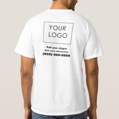 a man wearing a white t - shirt with the words your logo printed on it