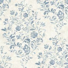 Isidore Blue Scroll Wallpaper from the Delphine Collection by Brewster Strip Wallpaper, Scroll Wallpaper, Stripped Wallpaper, Farmhouse Wallpaper, Blue Floral Wallpaper, Brewster Wallcovering, Wallpaper For Sale, Vinyl Rolls, Contemporary Wallpaper