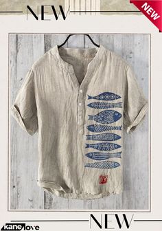 Fish Japanese Lino Art Vintage Linen Blend Shirt Thread Drawing, Fish Japanese, Vintage Floral Top, Lino Art, Mens Kurta, Boho Men, Linen Shirt Men, Painted Clothes, Vintage Linen