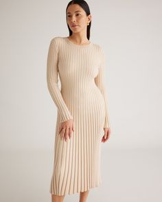 Everyday luxury is a thing—and our Cotton Cashmere Ribbed Long Sleeve Crew Midi Dress is proof. This sweater dress does it all with a cotton-cashmere blend that's light and breathable, and a ribbed knit for touchable texture. The adjustable tie means a custom-feeling fit.  | Quince | Women's Cotton Cashmere Ribbed Long Sleeve Crew Midi Dress in Heather Oatmeal, Size XL Cream Ribbed Sweater Dress For Spring, Cream Ribbed Midi Sweater Dress, Beige Ribbed Midi Sweater Dress, Everyday Luxury, Everyday Luxuries, Long Sleeve Midi Dress, Quince, Midi Length, Ribbed Knit