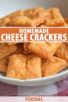 homemade cheese crackers in a white bowl on a checkered tablecloth with text overlay