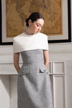 Gianna A-line Strappy Tweed Midi Dress MEAN BLVD Tweed Midi Dress, Simple Midi Dress, Corporate Women, Mean Blvd, Designer Midi Dresses, Taffeta Dress, Midi Dress Summer, Grey Background, Dress Design