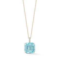 14kt Asscher Cut Swiss Blue Topaz Necklace The exquisite Asscher cut is one of Mateo's absolutely favorite cuts. Stunning Swiss Blue Topaz weighing over 11 carats is set in solid yellow gold and accented with natural brilliant diamonds. The pendant hangs elegantly from a diamond cut chain which shimmers on the skin. I promise you, you will never want to take this necklace off! 14kt Yellow Gold 2.33gm Gold 0.036ct Diamonds 12mm x 12mm Swiss Blue Topaz 11.65ct Swiss Blue Topaz 16" + 2" Chain - Adj Luxury Asscher Cut Blue Topaz Jewelry, Swiss Blue Topaz Necklace, Blue Topaz Necklace, Topaz Necklace, Asscher Cut, Diamond Chain, Swiss Blue Topaz, Pearl Gemstone, Stunning Necklace