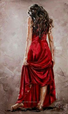 a painting of a woman in a red dress with her back turned to the camera