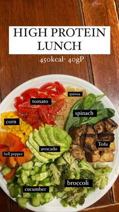 a white plate topped with different types of food on top of a wooden table next to a sign that says high protein lunch