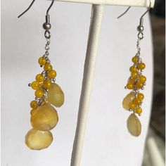 Faceted Yellow Chalcedony Briolettes Gemstones In Sterling Silver Earrings Yellow Jewelry With Ear Wire For Party, Party Jewelry With Yellow Ear Wire, Yellow Chandelier Earrings, Yellow Dangle Earrings With Ear Wire, Yellow Dangle Earrings For Jewelry Making, Yellow Dangle Jewelry With Matching Earrings, Adjustable Yellow Dangle Jewelry, Elegant Yellow Earrings With Natural Stones, Teardrop Citrine Yellow Jewelry