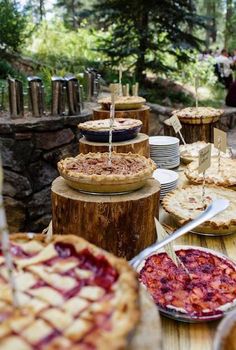 several pies and pie plates on a table