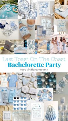 a collage of blue and white items with the words bachelor party