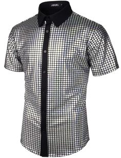 This stylish and eye-catching men's shirt is a perfect way to spice up any outfit. Made of high-quality metallic sequins, this short sleeve piece adds a bold and glamorous shine you can wear in any season. A great addition to any wardrobe. 95% Polyester, 5% Spandex Imported Button closure Fitted Sequin T-shirt For Summer, Fitted Silver T-shirt With Short Sleeves, Fitted Short Sleeve Shirt For Party Season, Disco Style Short Sleeve Summer Shirt, Fitted Short Sleeve T-shirt For Party, Summer Disco Style Short Sleeve Shirt, Glamorous Short Sleeve T-shirt For Night Out, Fitted Short Sleeve Party Shirt, Glamorous Short Sleeve Tops For Summer