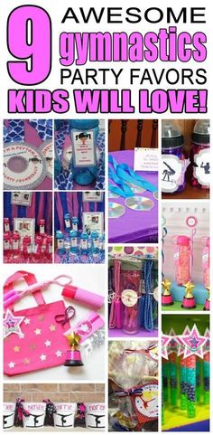 there are many different things that can be seen in this collage with the words 9 awesome gymnastics party favors kids will love