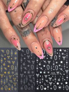 the nail art is designed with pink and gold glitters, stars, and crosses