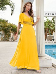 Yellow V-neck Chiffon Party Dress, Yellow V-neck Chiffon Dress For Party, Summer Chiffon Evening Dress Embellished, Summer Embellished Chiffon Evening Dress, Yellow Chiffon Party Dress, Floor-length Embellished Chiffon Party Dress, Party Chiffon Embellished Maxi Dress, Chiffon Bridesmaid, Mother Of The Bride Dresses