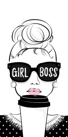 a woman wearing sunglasses with the words girl boss written on her face and holding a coffee cup