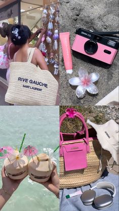 a collage of photos with pink accessories