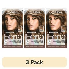 L'Oreal Paris Feria Permanent Hair Color, 63 Sparkling Amber Light Golden Brown, what you see is the shimmer. Multi-Faceted shimmering color with 3X highlights delivers intensified, brilliant results. Inspired by fashion, Feria offers a twist on the traditional and gives edgy hair color - from bright red, platinum blonde, rose gold, metallic brown, to blue black hair color, these hair dye kits will transform your hair. Feria's prismatic color spectrum is custom-blended by L'Oreal Paris master co Loreal Hicolor Brown Shades, Loreal Chocolate Brown Hair Color, Loreal Hair Color Brown, Beige Light Brown Hair Color Loreal, Golden Brown Hair Box Dye, Light Brown Hair Dye, Blue Black Hair Color, Edgy Hair Color, Blue Black Hair