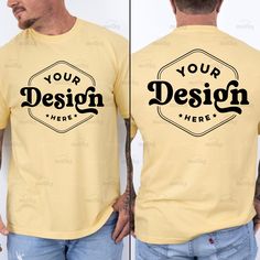 Yellow Graphic T-shirt With Crew Neck, Yellow Crew Neck Top With Custom Print, Printed Crew Neck Shirt, Yellow Short Sleeve T-shirt With Branding, Masculine Shirts, Real Model, Simple Aesthetic, Butter Yellow, Yellow T Shirt