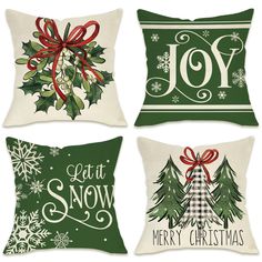 four pillows with christmas decorations on them and the words joy, let it snow, merry christmas