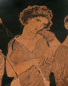 an ancient greek vase with a woman holding a bow and arrow in her right hand