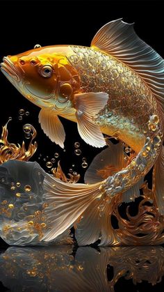 a gold fish with bubbles in it's mouth and its reflection on the water