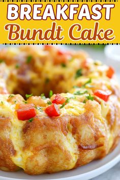 a bundt cake on a white plate with the words, breakfast bundt cake