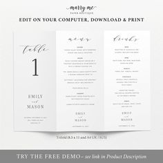 the wedding program is displayed on top of a white background with black lettering and an elegant font