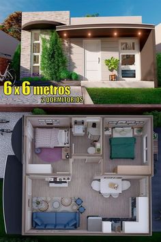 the floor plan for a modern house is shown in two different views, one with an open living area