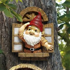 two gnomes are hanging on the side of a tree