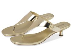 PRICES MAY VARY. Branded hardware Kitten Sandals, Pale Gold, Style Statement, Michael Kors Shoes, Gold Leather, Heeled Sandals, Leather Slip Ons, Easy Wear, Women's Sandals