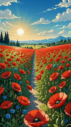 a painting of a field full of red poppies with the sun in the background