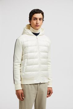 A light-weight knit, this zip-up hoodie is crafted from wool. The cardigan is enhanced with a down-filled nylon léger front and hood. Cardigans For Men, Wool Hoodie, Hoodie White, White Hoodie, Zip Up, Sweater Hoodie, Sweaters & Cardigans, Cardigans, Zip Ups