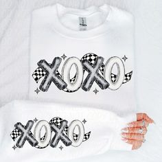 Xoxo Black White Front and Sleeve-[DTF Transfer]-Lovie T Designs Valentines Day Design, Graphic Overlay, Side Order, Pocket Size, Screen Printing, Black White, Things To Sell, Black And White, Music Clothes