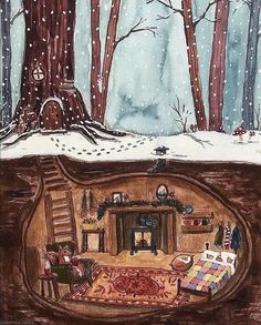 a drawing of a living room in the middle of winter with snow on the ground