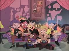 five cartoon characters sitting on a couch in a living room