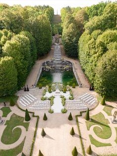 an aerial view of a formal garden setting