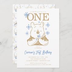 a winnie the pooh birthday party card with snowflakes and stars on it