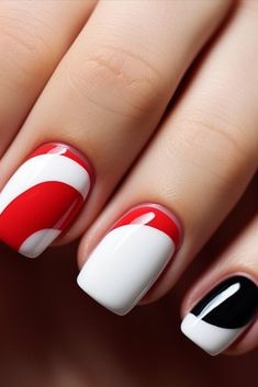 Burst of Beauty: Flirty Red and White Nail Designs Red And White Manicure, Red And White Abstract Nails, Red And White Swirl Nails, White Nails Red Accent, Red Black And White Gel Nails, Plum Nails, Elegant Nail Art, Sns Nails