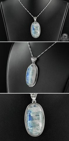 Sterling silver and rainbow moonstone pendant necklace Mystical White Moonstone Necklaces, Mystical White Moonstone Necklace, White Moonstone Oval Pendant Jewelry, White Moonstone Oval Pendant, White Cabochon Moonstone Jewelry, White Moonstone Cabochon Jewelry, White Moon-shaped Jewelry With Natural Stones, White Moon-shaped Natural Stone Jewelry, Real Rainbow