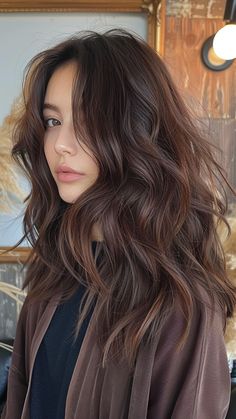 25 Dark Brown Hair Color Ideas for a Bold Look Brown Natural Highlights Brunettes, Dark Brown Hair Colour Shades, Mocha Spice Brunette, Coffee Hair Color Highlights, Coffee Hair Color Dark, Deep Brown Curly Hair, Auburn Glaze On Brown Hair, Deep Winter Brown Hair, Brown Hair With Purple Balayage