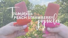 two people holding popsicles in their hands with the words tammite peach strawberry popsicles