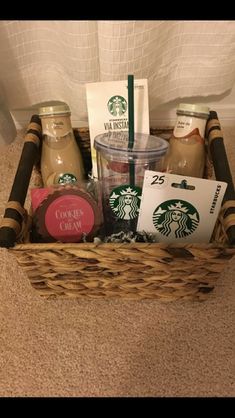 the starbucks coffee gift basket is full of goodies