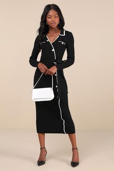 With a sleek pair of kitten heels and your fave handbag, you'll be best dressed in the Lulus Chic Persuasion Black Ribbed Button-Front Midi Sweater Dress! Soft and stretchy ribbed knit shapes a collared neckline, long sleeves, and a surplice-style bodice that boasts decorative, twin flap pockets with embossed gold buttons. Matching, asymmetrical faux button placket accents the front of the figure-skimming, column skirt that ends at a chic midi hem. Contrasting white trim accents the neckline, po Fitted Midi Sweater Dress With Buttons, Fitted V-neck Sweater Dress With Buttons, Winter A-line Ribbed Sweater Dress, Spring A-line Ribbed Sweater Dress, Long Sleeve Dress Winter, Elegant Black Ribbed Sweater Dress, Column Skirt, Black Long Sleeve Dress, Sweater Dress Midi