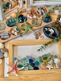 sea glass and seashells are displayed in frames on the floor next to other items