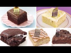 there are four different types of cakes on the plates