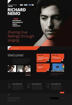 the website design for richard nemo is shown in black, orange and white colors