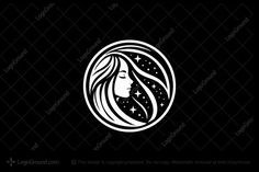 a woman's face with long hair and stars in the center on a black background